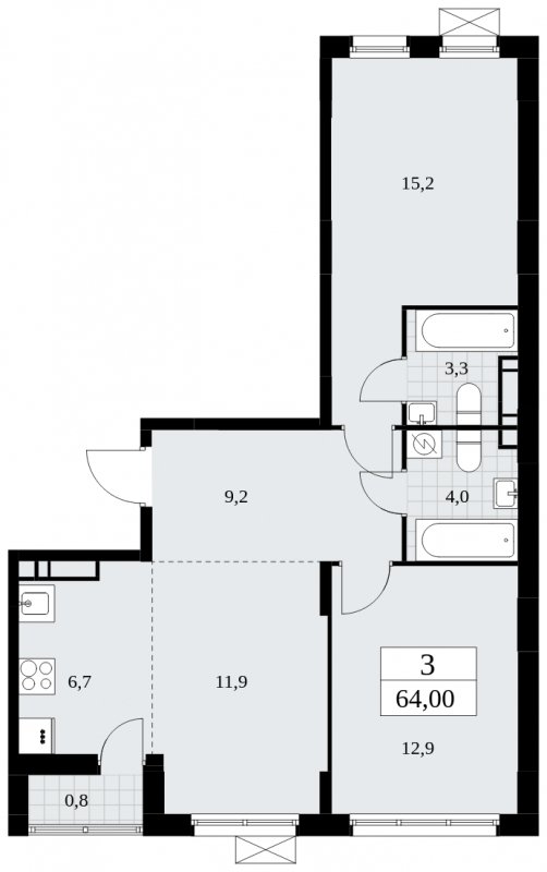 3-комнатная квартира (евро) с частичной отделкой, 64 м2, 9 этаж, сдача 3 квартал 2025 г., ЖК Дзен-кварталы, корпус 2.2 - объявление 1932494 - фото №1