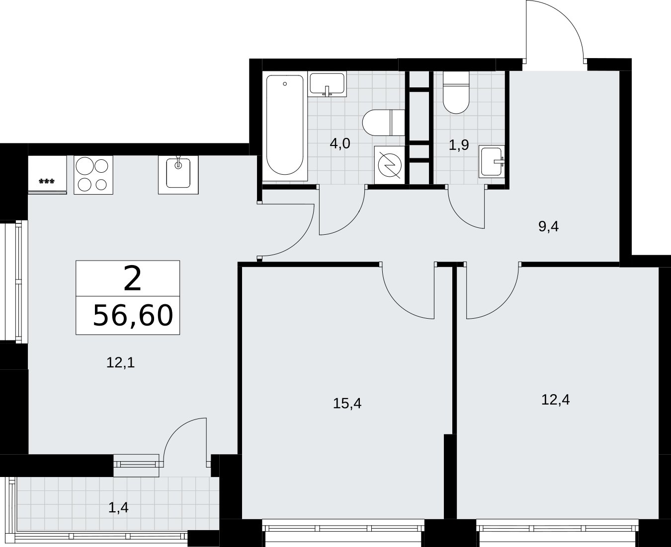 2-комнатная квартира без отделки, 56.6 м2, 6 этаж, сдача 3 квартал 2026 г., ЖК Родные кварталы, корпус 3.1 - объявление 2378335 - фото №1