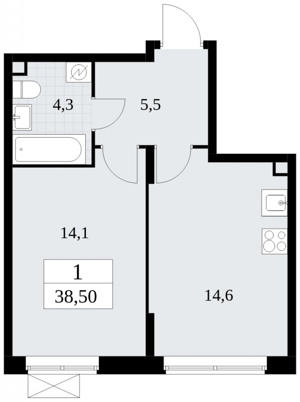1-комнатная квартира без отделки, 38.5 м2, 2 этаж, сдача 1 квартал 2025 г., ЖК Прокшино, корпус 5.1.3 - объявление 1810665 - фото №1