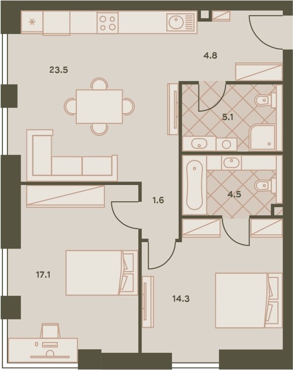 3-комнатная квартира (евро) без отделки, 70.9 м2, 14 этаж, сдача 3 квартал 2023 г., ЖК Eniteo, корпус 1 - объявление 2230211 - фото №1