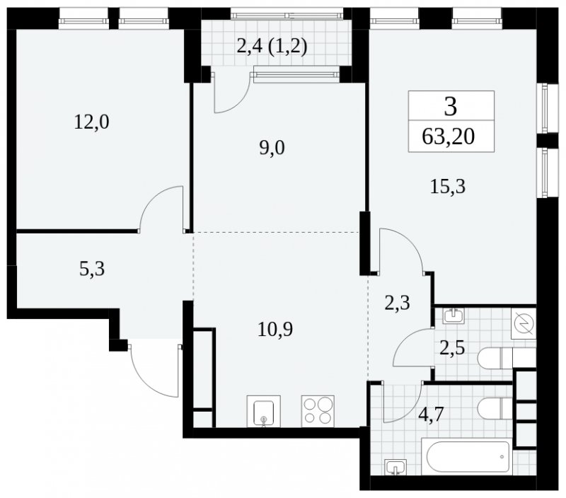 3-комнатная квартира (евро) с частичной отделкой, 63.2 м2, 19 этаж, сдача 2 квартал 2025 г., ЖК Южные сады, корпус 2.1 - объявление 1760028 - фото №1