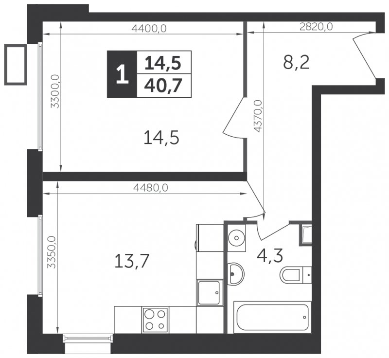1-комнатная квартира с частичной отделкой, 40.7 м2, 2 этаж, сдача 1 квартал 2022 г., ЖК Датский квартал, корпус 1 - объявление 1329160 - фото №1