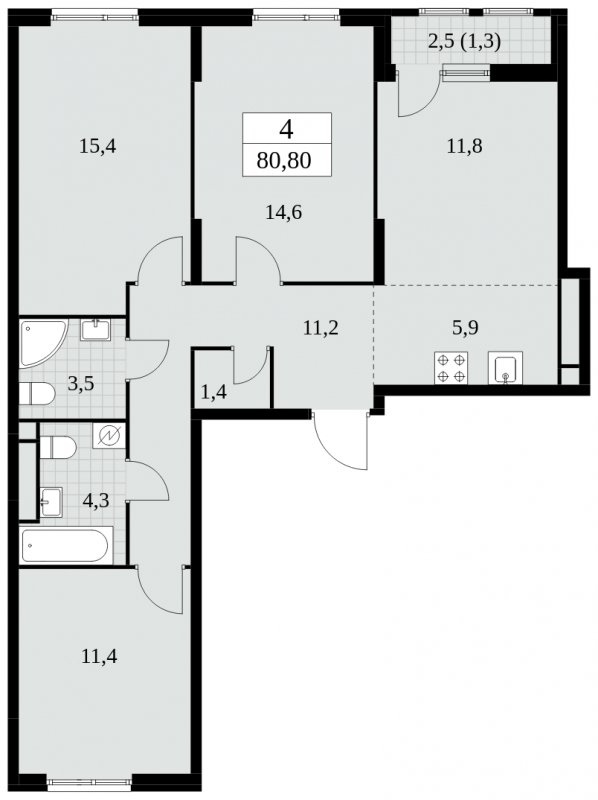 4-комнатная квартира (евро) без отделки, 80.8 м2, 4 этаж, сдача 2 квартал 2025 г., ЖК Южные сады, корпус 2.4 - объявление 1760191 - фото №1