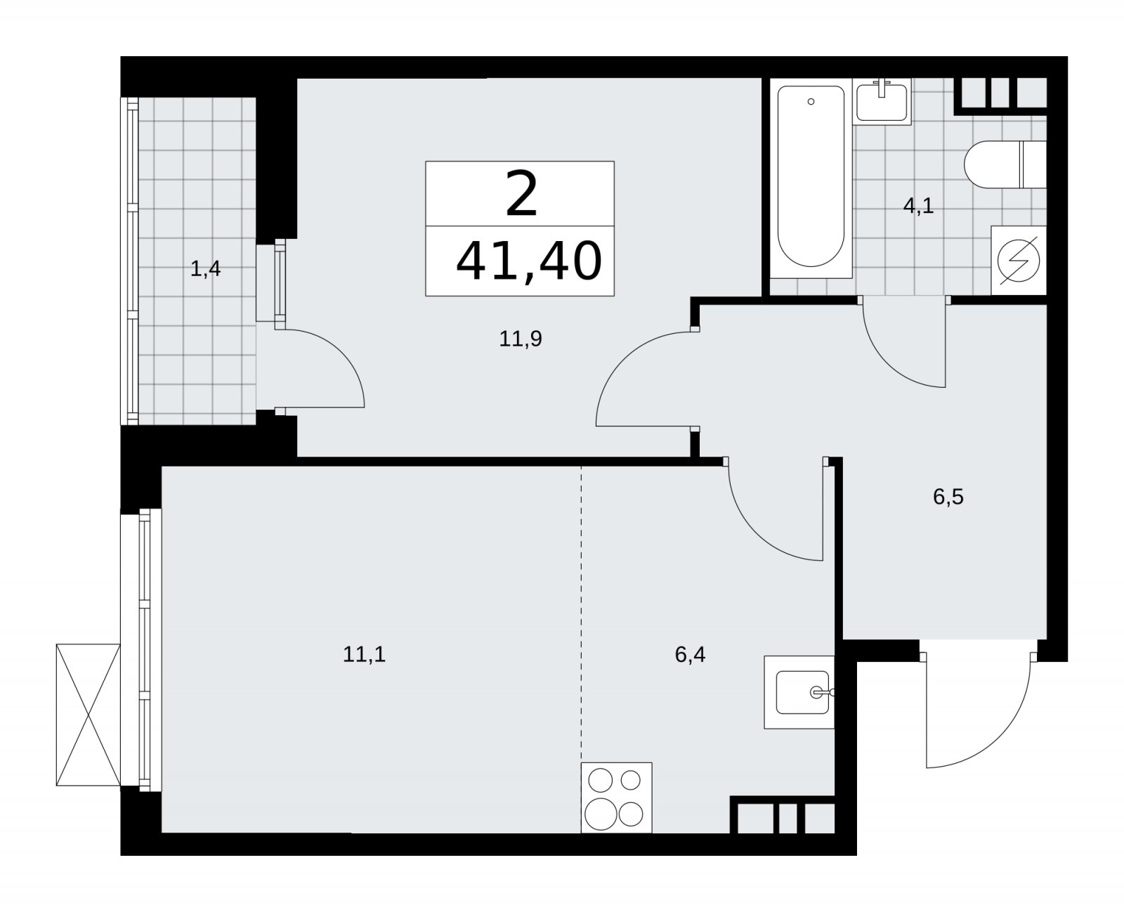 2-комнатная квартира (евро) без отделки, 41.4 м2, 5 этаж, сдача 3 квартал 2025 г., ЖК Бунинские кварталы, корпус 3.2 - объявление 2151844 - фото №1
