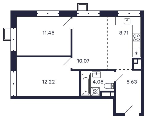 2-комнатная квартира без отделки, 52.13 м2, 23 этаж, сдача 2 квартал 2025 г., ЖК Квартал Тетрис, корпус "Квартал Тетрис 2.1" - объявление 1696589 - фото №1