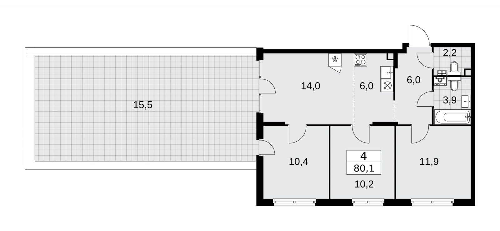 4-комнатная квартира (евро) с частичной отделкой, 80.1 м2, 2 этаж, сдача 2 квартал 2026 г., ЖК Деснаречье, корпус 4.4 - объявление 2263978 - фото №1