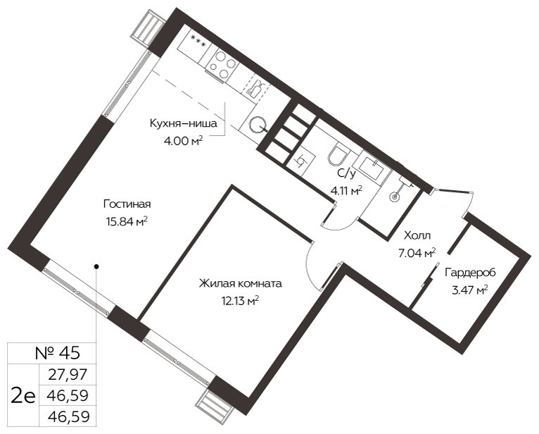 2-комнатная квартира (евро) с полной отделкой, 46.59 м2, 3 этаж, сдача 3 квартал 2024 г., ЖК МелисСад, корпус 1 - объявление 2127317 - фото №1