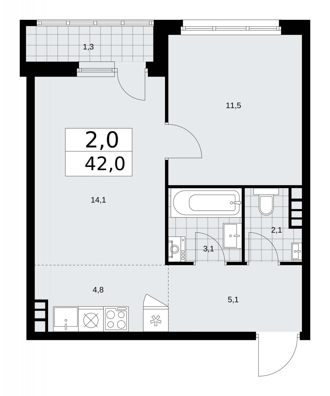 2-комнатная квартира (евро) с частичной отделкой, 42 м2, 6 этаж, сдача 2 квартал 2026 г., ЖК Дзен-кварталы, корпус 3.4 - объявление 2242068 - фото №1