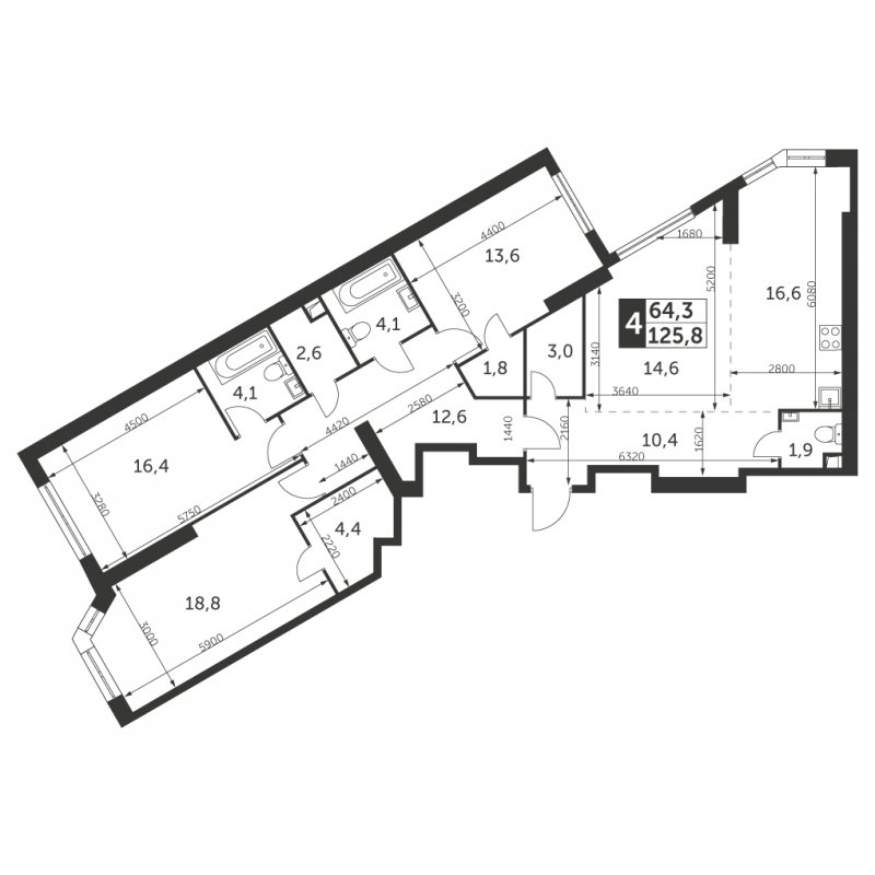 4-комнатная квартира без отделки, 125.8 м2, 43 этаж, сдача 4 квартал 2023 г., ЖК Архитектор, корпус 3 - объявление 1566069 - фото №1