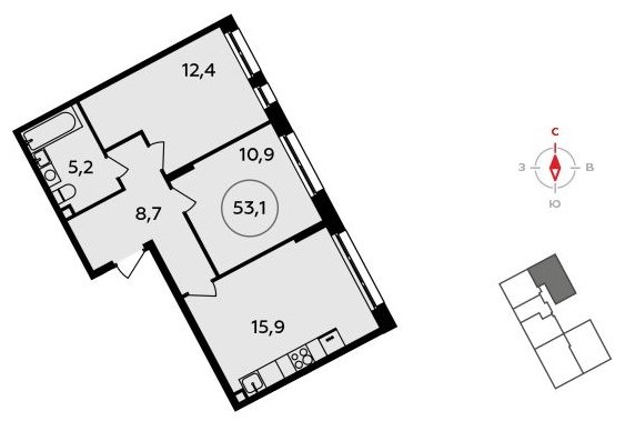 2-комнатная квартира без отделки, 53.1 м2, 2 этаж, сдача 3 квартал 2023 г., ЖК Прокшино, корпус 4.4 - объявление 1768368 - фото №1