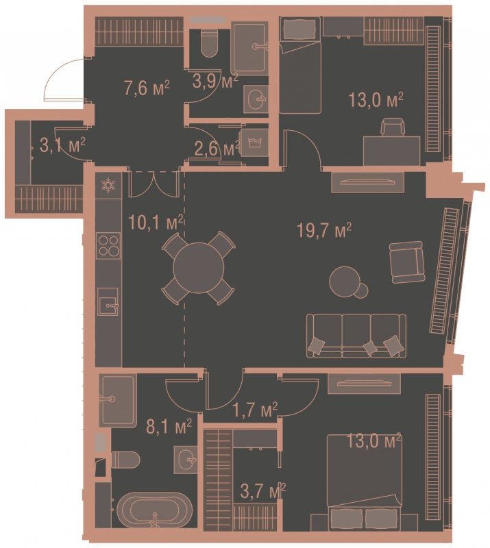2-комнатная квартира без отделки, 86.5 м2, 16 этаж, сдача 1 квартал 2025 г., ЖК HIGH LIFE, корпус Fell Tower - объявление 1768268 - фото №1