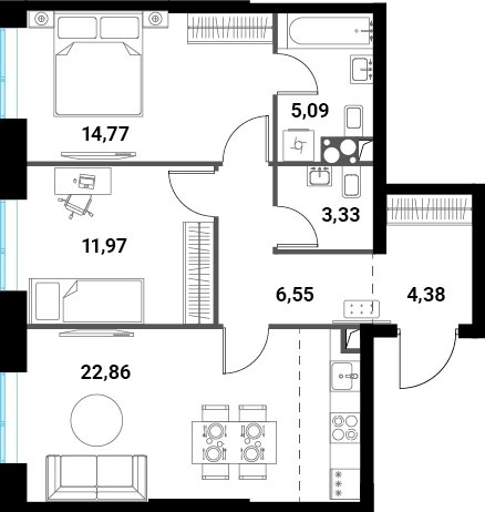 3-комнатная квартира без отделки, 68.95 м2, 15 этаж, сдача 1 квартал 2024 г., ЖК Инноватор, корпус Б - объявление 2260474 - фото №1