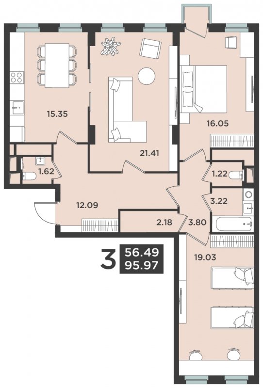 3-комнатная квартира 97 м2, 7 этаж, дом сдан, ЖК Лефорт, корпус 3 - объявление 1660509 - фото №1