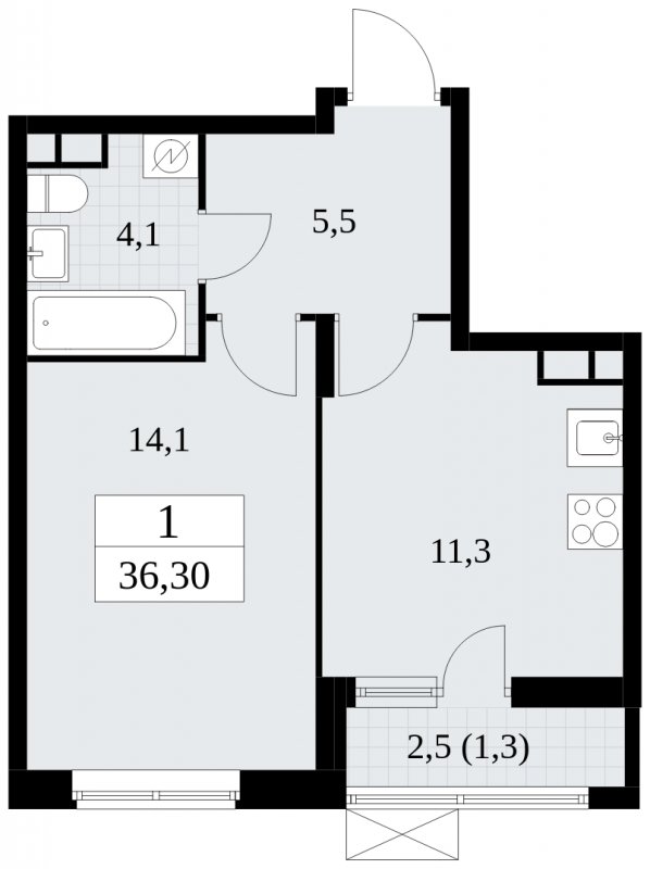 1-комнатная квартира без отделки, 36.3 м2, 3 этаж, сдача 1 квартал 2025 г., ЖК Прокшино, корпус 5.1.3 - объявление 1810791 - фото №1
