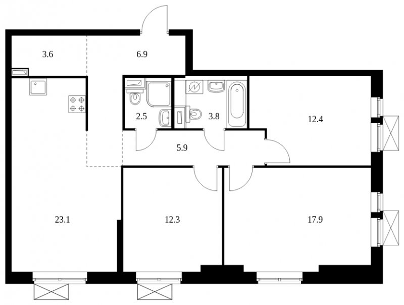 3-комнатная квартира с полной отделкой, 88.4 м2, 7 этаж, сдача 4 квартал 2023 г., ЖК Второй Нагатинский, корпус 4 - объявление 1797198 - фото №1