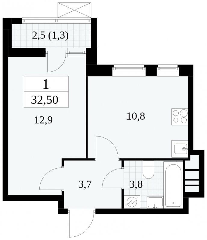 1-комнатная квартира без отделки, 32.5 м2, 8 этаж, сдача 1 квартал 2025 г., ЖК Прокшино, корпус 5.2.5 - объявление 1900881 - фото №1