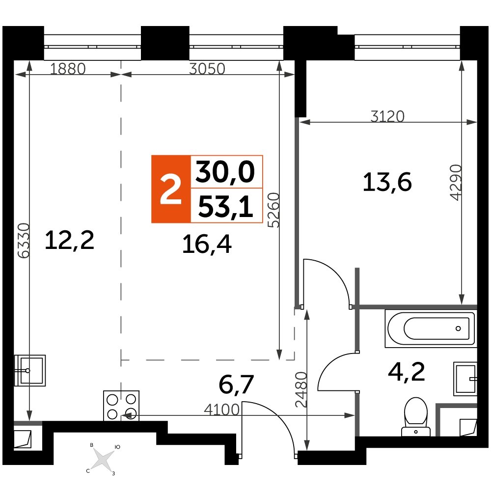 2-комнатная квартира с частичной отделкой, 53.1 м2, 21 этаж, дом сдан, ЖК Sydney City, корпус 2 - объявление 2238382 - фото №1