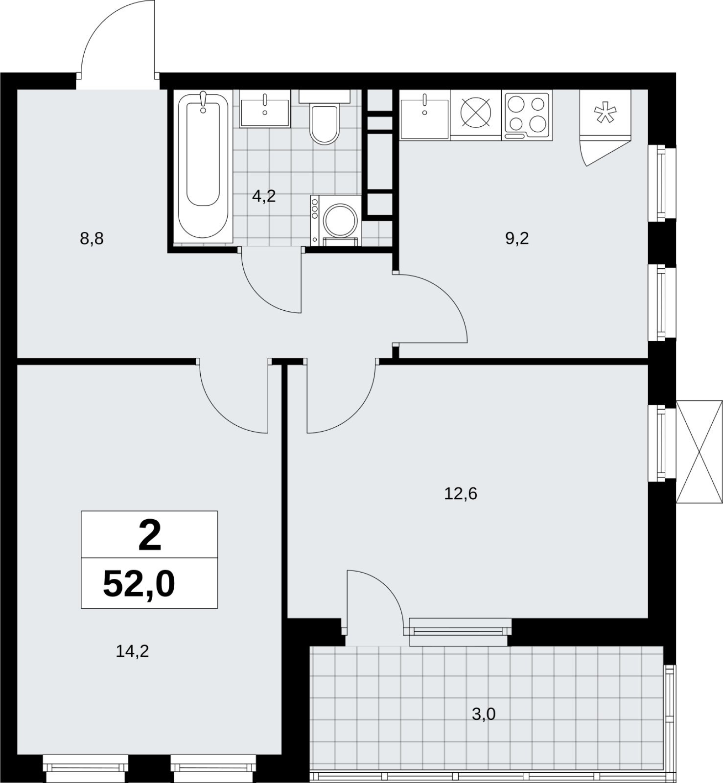 2-комнатная квартира без отделки, 52 м2, 7 этаж, сдача 4 квартал 2026 г., ЖК Скандинавия, корпус 2.18.1.2 - объявление 2350663 - фото №1
