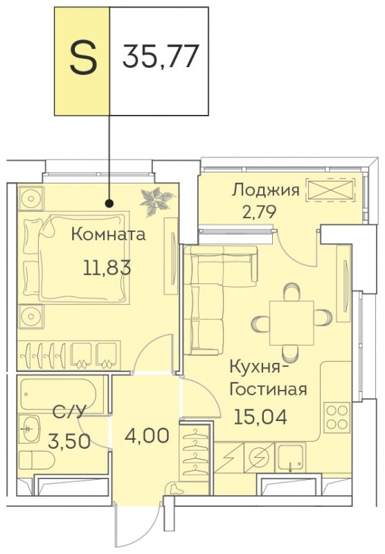 2-комнатная квартира (евро) с частичной отделкой, 35.77 м2, 18 этаж, сдача 3 квартал 2023 г., ЖК Аквилон BESIDE, корпус 1 - объявление 1676564 - фото №1