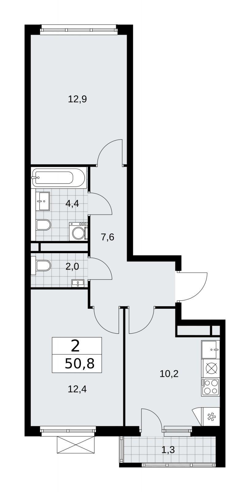 2-комнатная квартира без отделки, 50.8 м2, 12 этаж, сдача 1 квартал 2026 г., ЖК Прокшино, корпус 11.2.1 - объявление 2270032 - фото №1