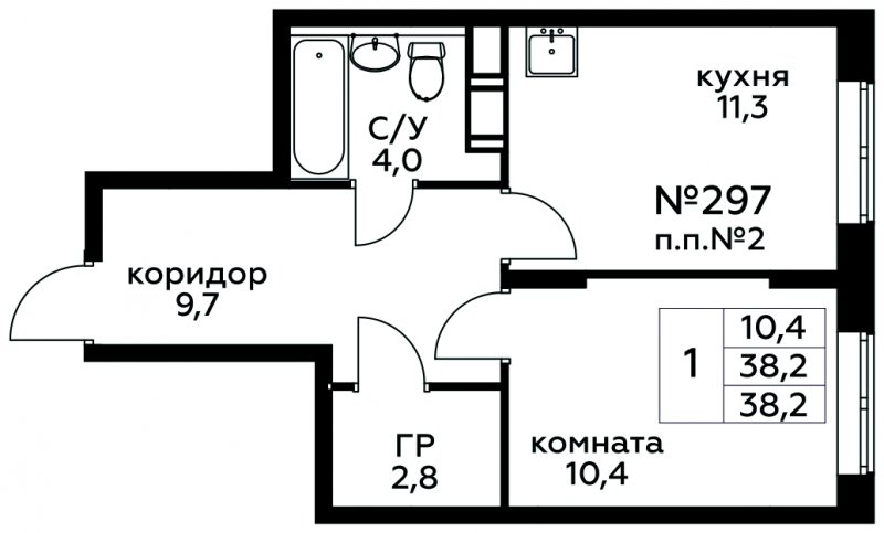 1-комнатная квартира с полной отделкой, 38.2 м2, 3 этаж, сдача 1 квартал 2025 г., ЖК Цветочные Поляны, корпус 1 - объявление 1745142 - фото №1