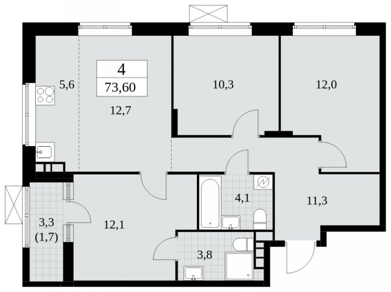 4-комнатная квартира (евро) с частичной отделкой, 73.6 м2, 14 этаж, сдача 1 квартал 2025 г., ЖК Прокшино, корпус 5.2.2 - объявление 1751246 - фото №1