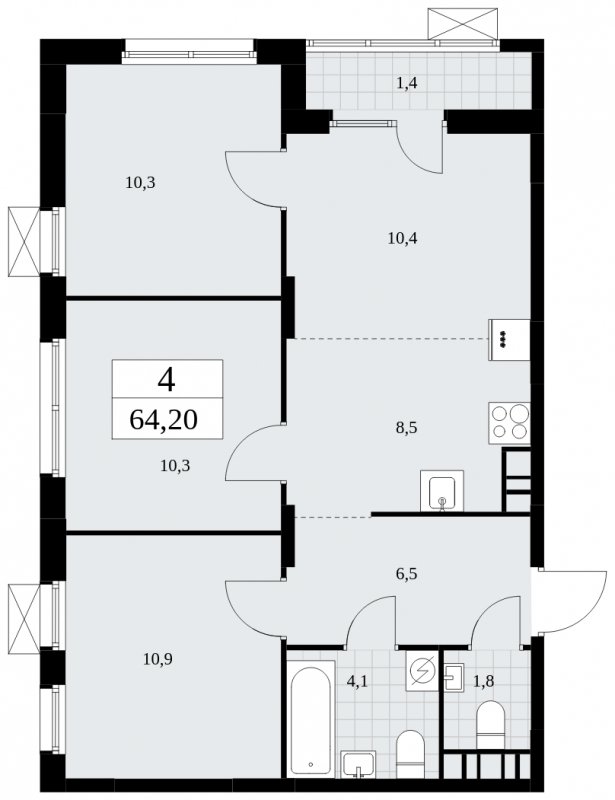 4-комнатная квартира (евро) с частичной отделкой, 64.2 м2, 6 этаж, сдача 3 квартал 2025 г., ЖК Дзен-кварталы, корпус 2.2 - объявление 1932473 - фото №1
