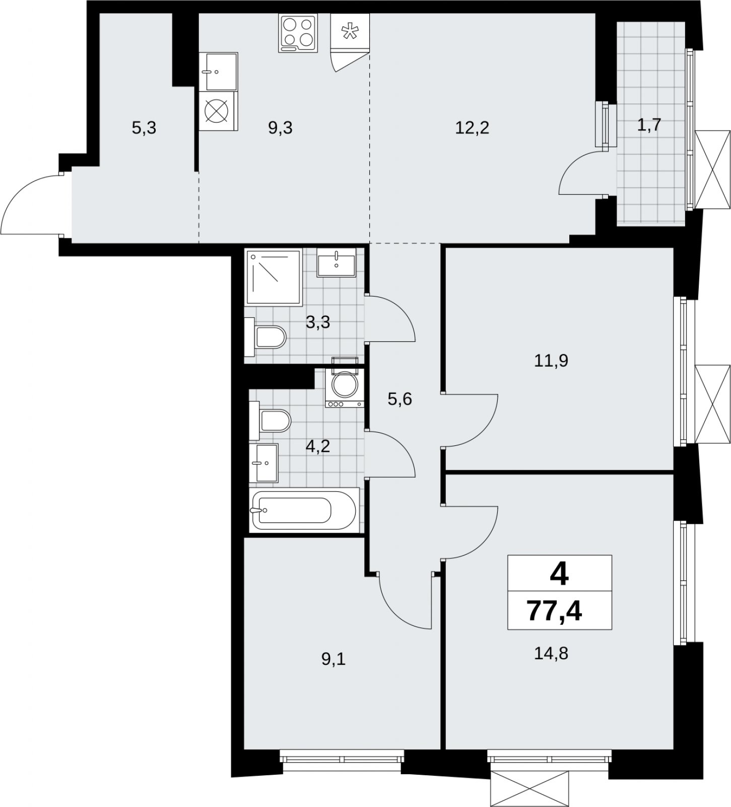 4-комнатная квартира (евро) без отделки, 77.4 м2, 16 этаж, сдача 1 квартал 2026 г., ЖК Дзен-кварталы, корпус 6.2.2 - объявление 2328763 - фото №1