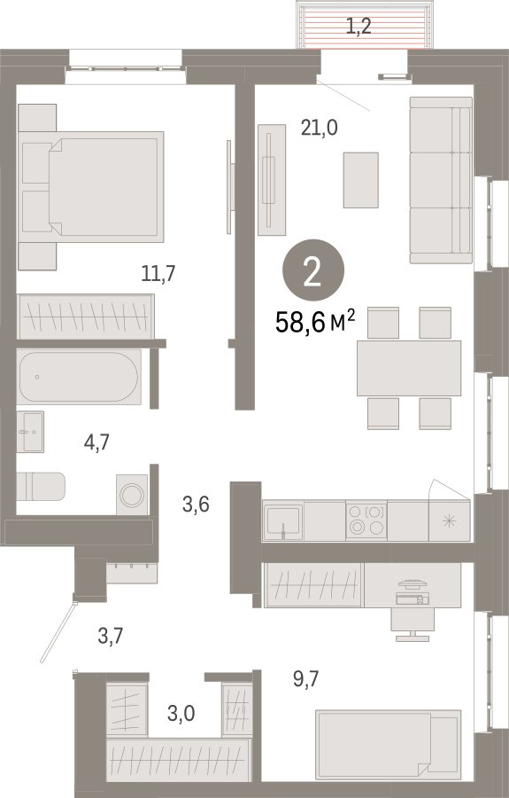 2-комнатная квартира с частичной отделкой, 58.6 м2, 11 этаж, сдача 3 квартал 2026 г., ЖК Квартал Метроном, корпус 1 - объявление 2372321 - фото №1