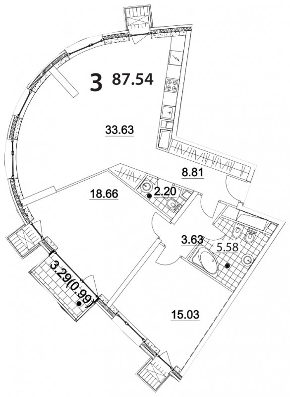3-комнатные апартаменты без отделки, 87.54 м2, 19 этаж, дом сдан, ЖК Апарт-комплекс Nakhimov, корпус 2 - объявление 1330626 - фото №1