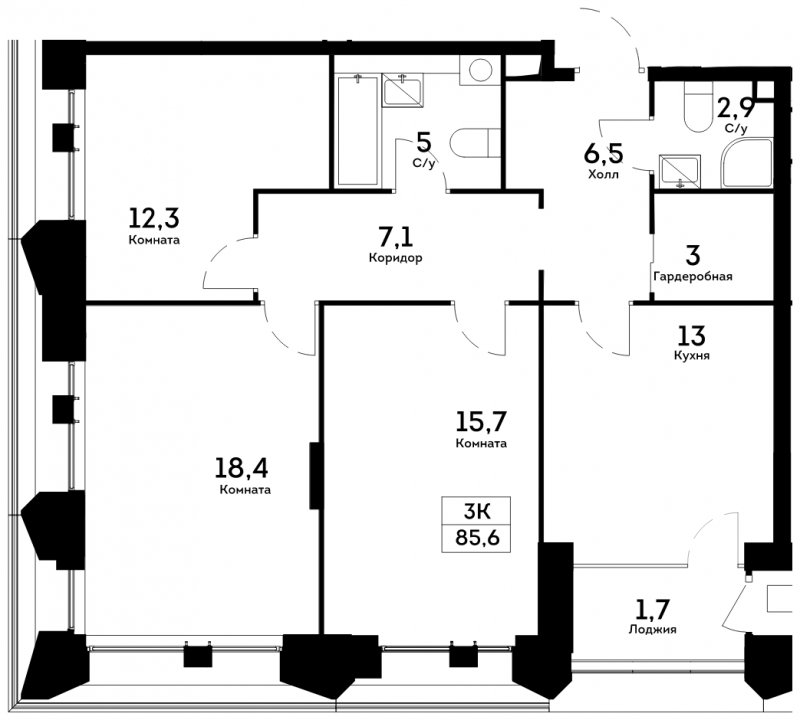 3-комнатная квартира 85.6 м2, 5 этаж, сдача 4 квартал 2022 г., ЖК Квартал на набережной NOW, корпус 1.3 - объявление 1753367 - фото №1