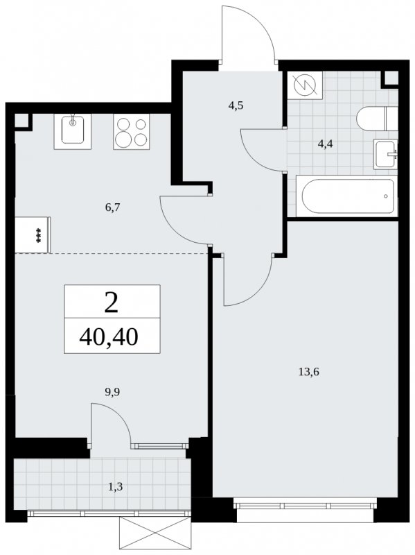 2-комнатная квартира (евро) без отделки, 40.4 м2, 2 этаж, сдача 4 квартал 2024 г., ЖК Бунинские кварталы, корпус 2.4 - объявление 1882624 - фото №1