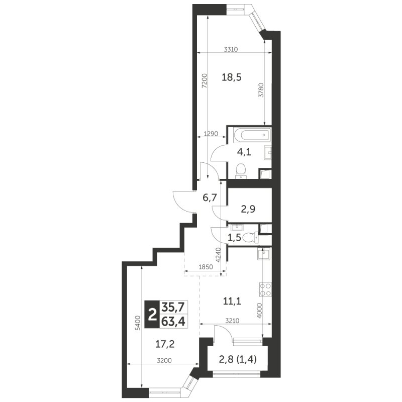 2-комнатная квартира с частичной отделкой, 63.4 м2, 34 этаж, сдача 4 квартал 2023 г., ЖК Архитектор, корпус 3 - объявление 1974423 - фото №1