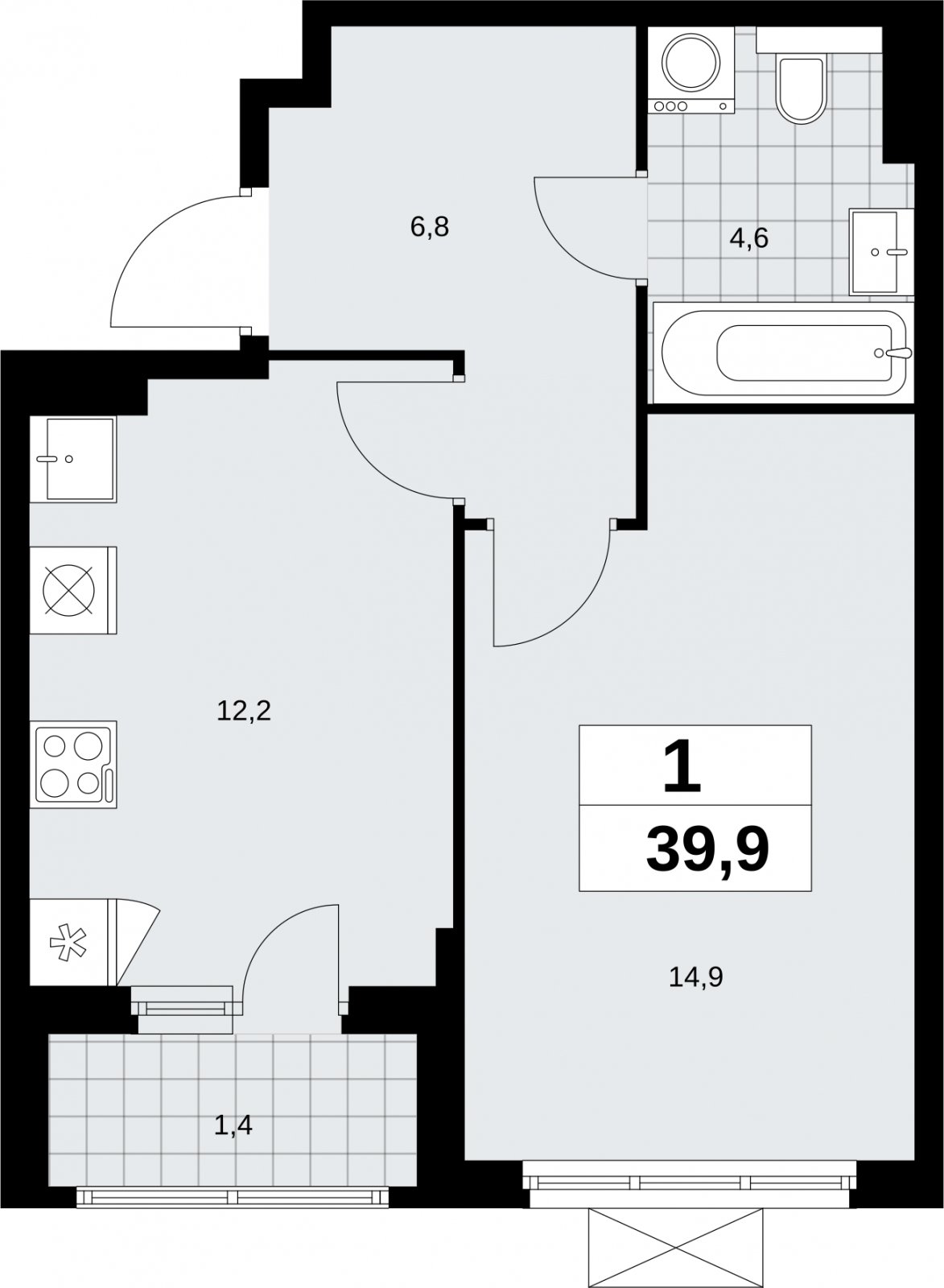 1-комнатная квартира без отделки, 39.9 м2, 8 этаж, сдача 2 квартал 2026 г., ЖК Бунинские кварталы, корпус 9.4 - объявление 2324532 - фото №1