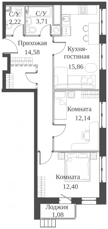 3-комнатная квартира (евро) с частичной отделкой, 61.99 м2, 11 этаж, сдача 2 квартал 2023 г., ЖК Аквилон Митино, корпус 4 - объявление 1651835 - фото №1