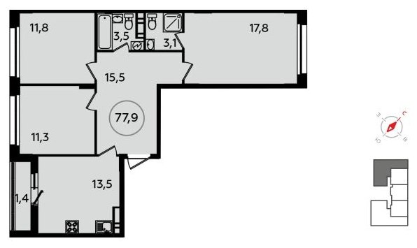 3-комнатная квартира без отделки, 77.9 м2, 13 этаж, дом сдан, ЖК Скандинавия, корпус 13.1 - объявление 1412173 - фото №1