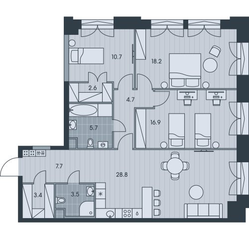 4-комнатная квартира без отделки, 102.2 м2, 4 этаж, сдача 3 квартал 2025 г., ЖК EVER, корпус 6 - объявление 2377049 - фото №1