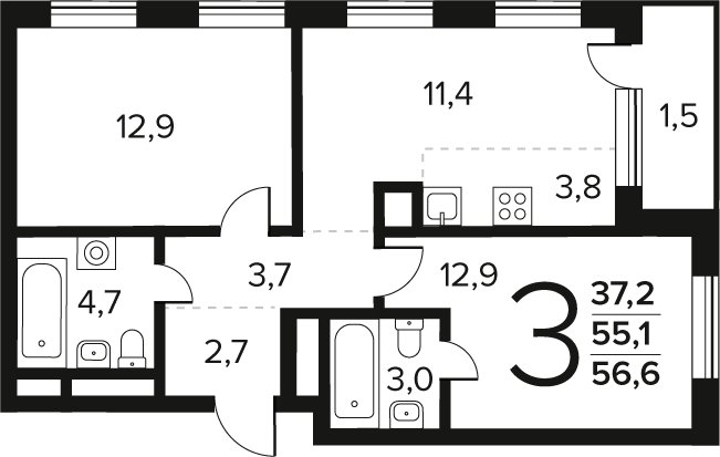 3-комнатная квартира (евро) без отделки, 56.6 м2, 7 этаж, сдача 4 квартал 2027 г., ЖК Новые Ватутинки. Заречный, корпус 6/2 - объявление 2458812 - фото №1