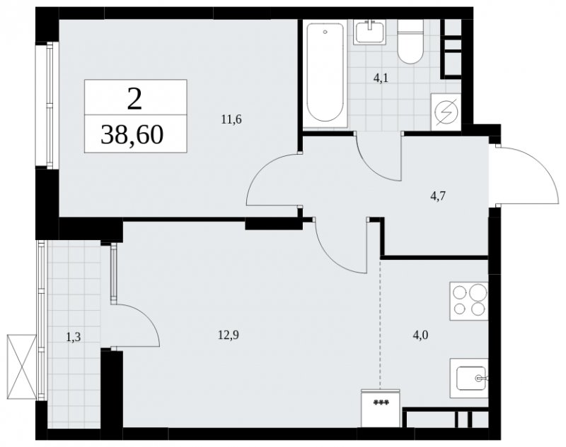 2-комнатная квартира (евро) с частичной отделкой, 38.6 м2, 8 этаж, сдача 1 квартал 2025 г., ЖК Дзен-кварталы, корпус 1.2 - объявление 1895788 - фото №1