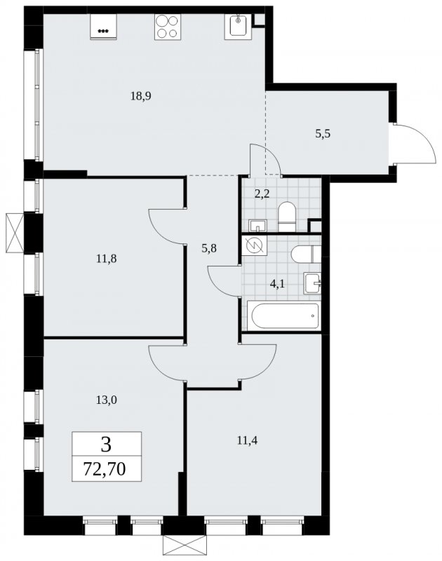 3-комнатная квартира с частичной отделкой, 72.7 м2, 2 этаж, сдача 3 квартал 2025 г., ЖК Дзен-кварталы, корпус 2.1 - объявление 1932141 - фото №1