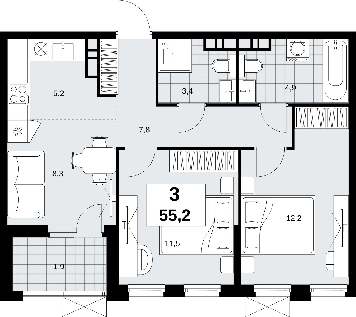 3-комнатная квартира (евро) без отделки, 55.2 м2, 15 этаж, сдача 4 квартал 2026 г., ЖК Скандинавия, корпус 2.18.2.6 - объявление 2351833 - фото №1