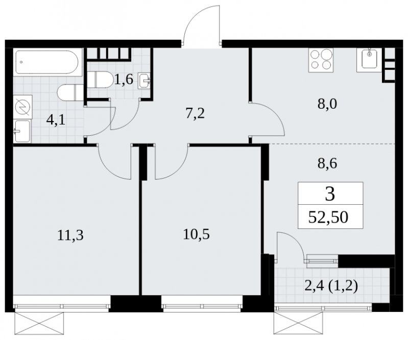 3-комнатная квартира (евро) без отделки, 52.5 м2, 11 этаж, сдача 1 квартал 2025 г., ЖК Прокшино, корпус 5.2.1 - объявление 1751030 - фото №1