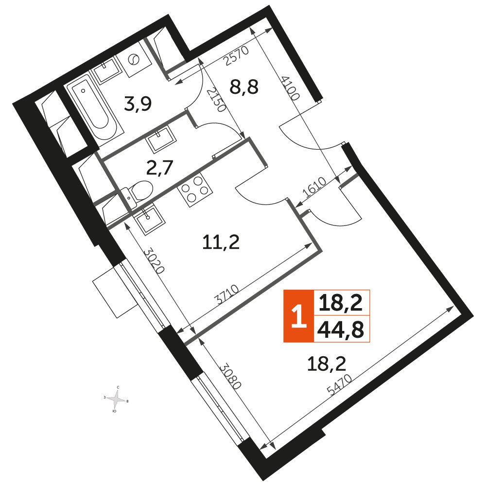 1-комнатная квартира с частичной отделкой, 46.3 м2, 2 этаж, дом сдан, ЖК UP-квартал Римский, корпус 7 - объявление 2359933 - фото №1