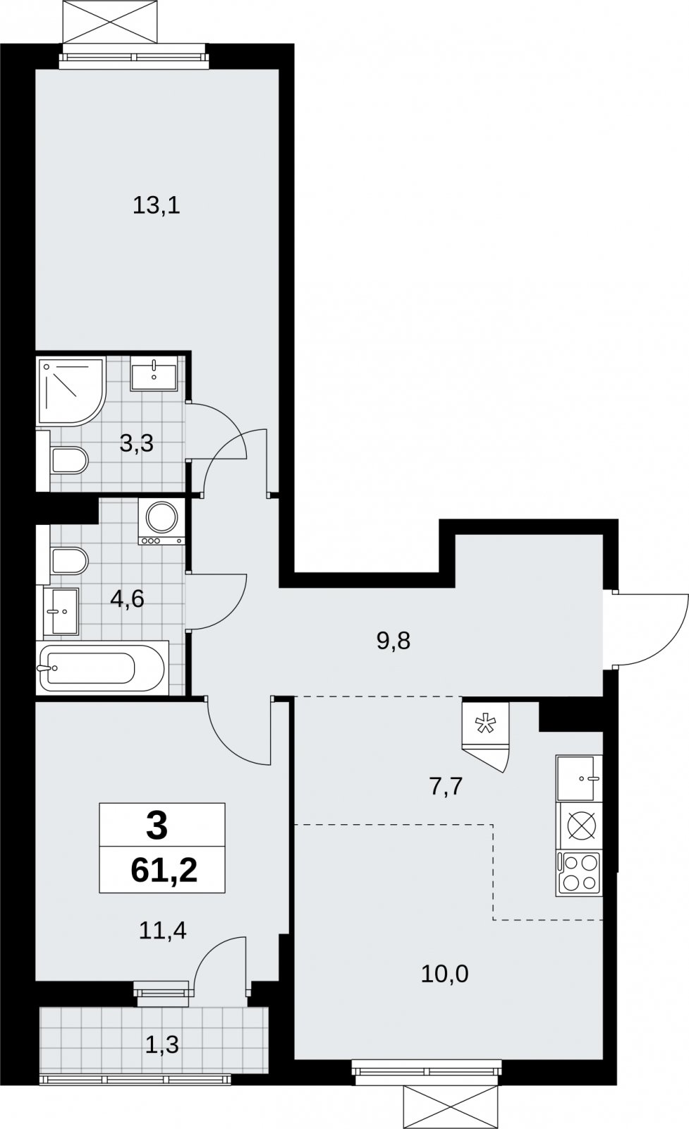 3-комнатная квартира (евро) без отделки, 61.2 м2, 3 этаж, сдача 2 квартал 2026 г., ЖК Бунинские кварталы, корпус 9.1 - объявление 2323523 - фото №1
