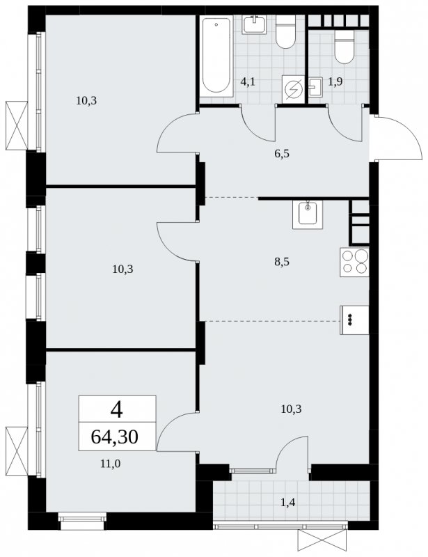 4-комнатная квартира (евро) с частичной отделкой, 64.3 м2, 7 этаж, сдача 3 квартал 2025 г., ЖК Дзен-кварталы, корпус 2.2 - объявление 1932398 - фото №1