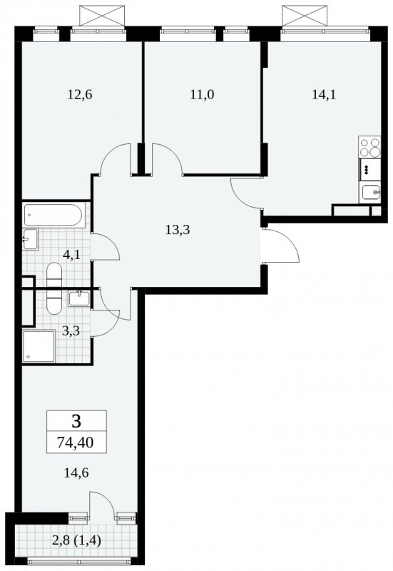 3-комнатная квартира с полной отделкой, 74.4 м2, 9 этаж, сдача 3 квартал 2024 г., ЖК Прокшино, корпус 6.5 - объявление 1663331 - фото №1