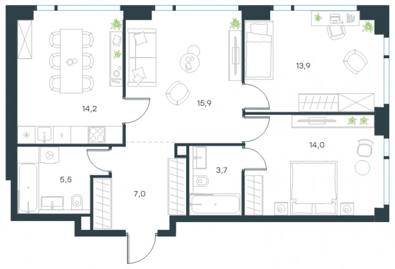 3-комнатная квартира с частичной отделкой, 74.2 м2, 22 этаж, сдача 4 квартал 2024 г., ЖК Level Мичуринский, корпус 5 - объявление 1635492 - фото №1