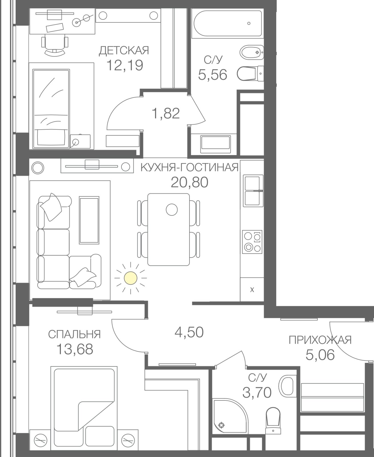 2-комнатная квартира без отделки, 67.31 м2, 42 этаж, сдача 4 квартал 2024 г., ЖК Headliner, корпус 4 - объявление 2432061 - фото №1