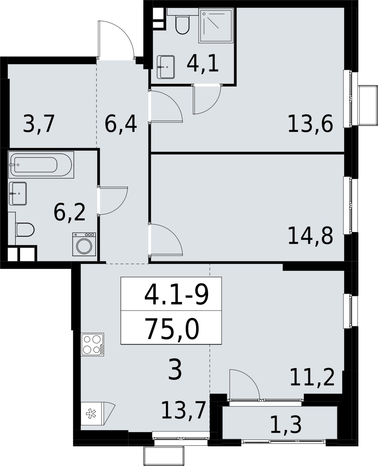 3-комнатная квартира (евро) с полной отделкой, 75 м2, 3 этаж, сдача 2 квартал 2027 г., ЖК Южные сады, корпус 4.1.1 - объявление 2392550 - фото №1