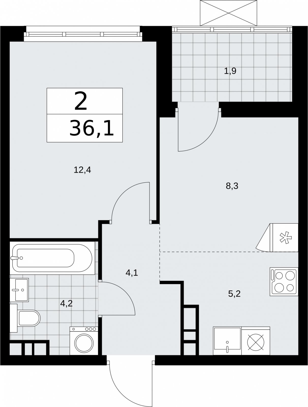 2-комнатная квартира (евро) без отделки, 36.1 м2, 16 этаж, сдача 2 квартал 2026 г., ЖК Бунинские кварталы, корпус 5.3 - объявление 2297632 - фото №1